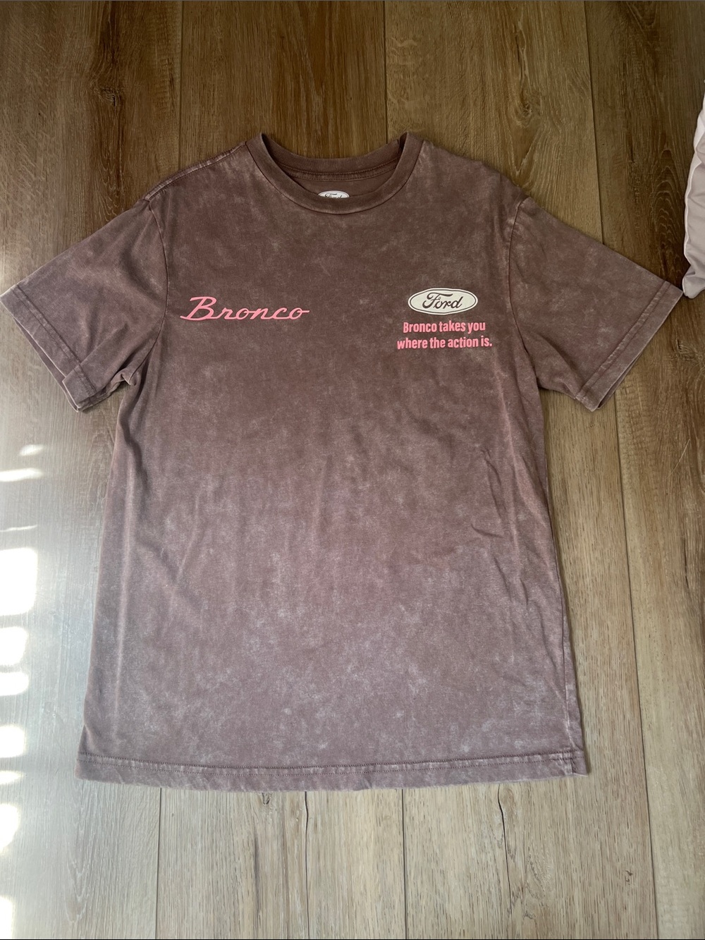 Ford Men's Brown Washed Bronco Graphic Tee with Pink Accents